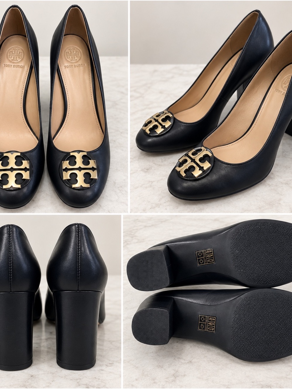 Tory Burch Black Leather Round-Toe Block Heel Pumps with Gold Logo